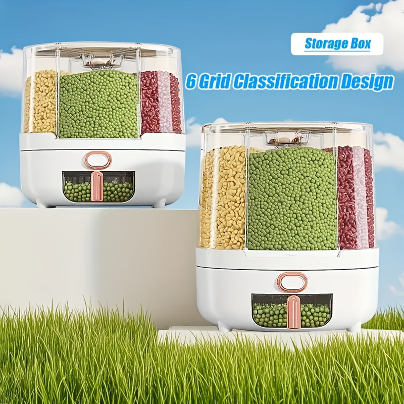 Rotating Cereal Dispenser 6-Grid Large Capacity Airtight Rice Storage Container, Moisture-Proof Insect-Proof Grain Dispenser with Transparent Window & Press Button, Food-Grade PP for Rice, Grains, and Flour
