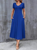 V-Neck A-Line Dress with Pockets, Women's Short Sleeve Casual Solid Color Knit Stretch, Machine Washable, Blue, Black, Navy, Burgundy, Olive, Dark Green, S, M, L, XL, XXL