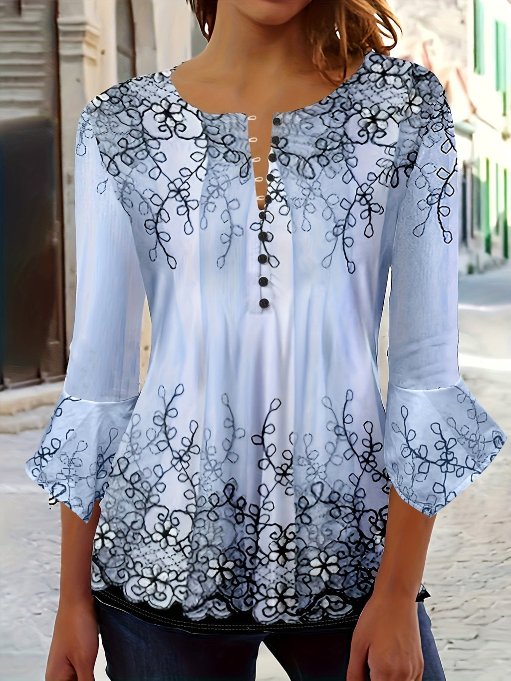 Floral Print Button-Front Blouse Women's Ruffle Flare Sleeve Casual Tunic Top Soft Stretch Knit Fabric Spring Summer Fall S-XXL Machine Washable