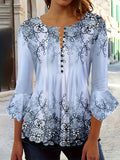 Floral Print Button-Front Blouse Women's Ruffle Flare Sleeve Casual Tunic Top Soft Stretch Knit Fabric Spring Summer Fall S-XXL Machine Washable
