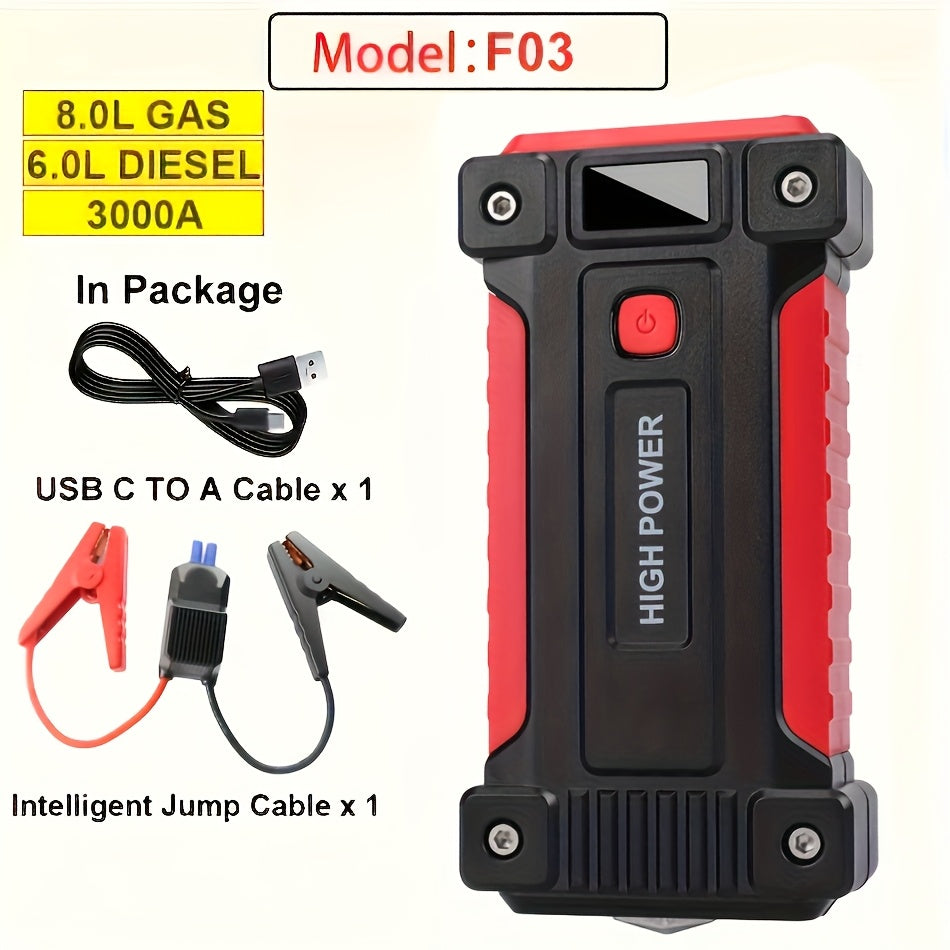 便携式汽车应急启动电源 1600A–3000A 12V 电池启动器 – 适用于汽油和柴油发动机的紧凑型应急启动电源，配备 USB 充电端口及 LED 手电筒