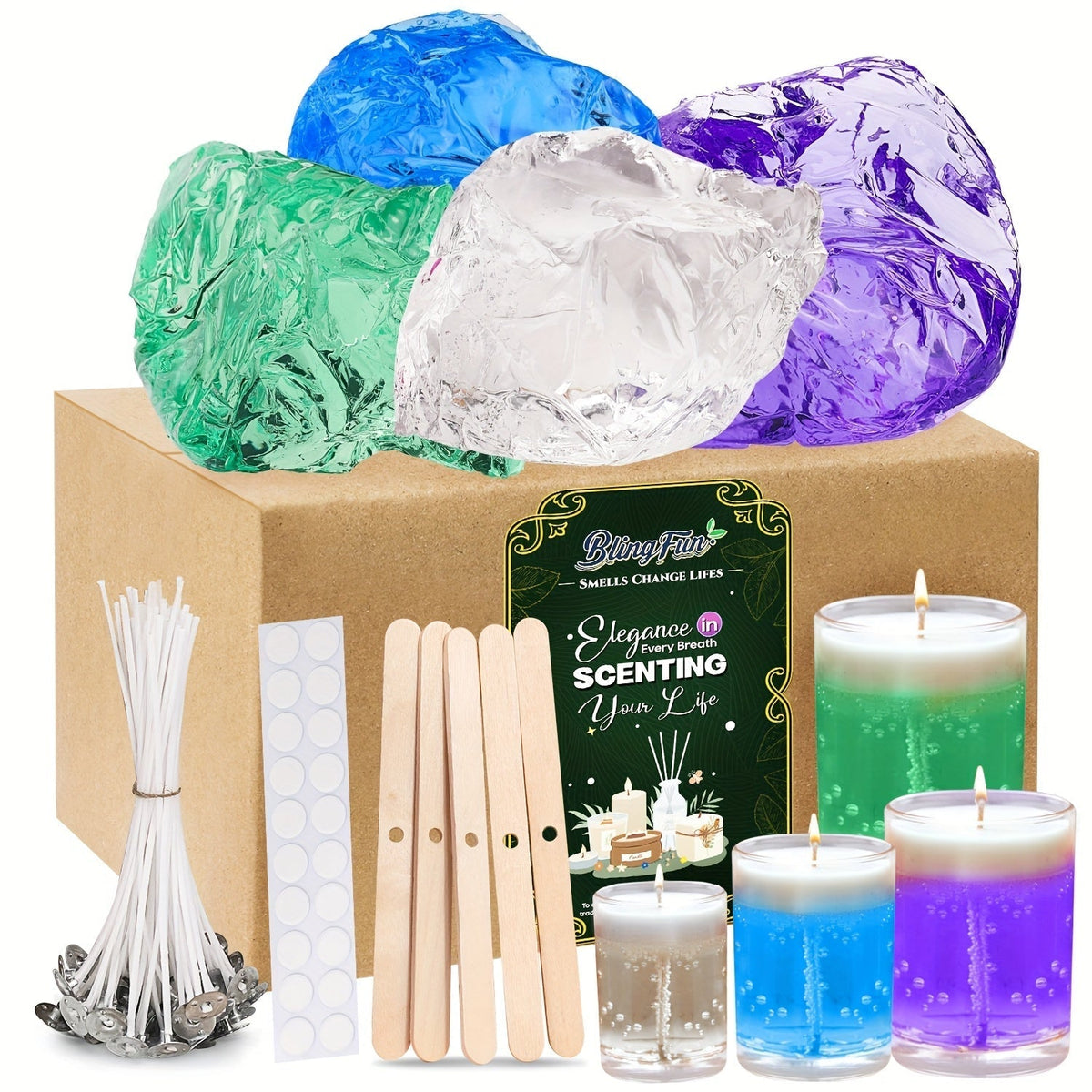 BlingFun Gel Candle Making Kit 400g Clear Jelly Wax, 4 Colors, 20pcs Wicks, 20pcs Stickers, 5pcs Wick Holders, DIY Scented Candle Kit for Home Decor, Craft Projects, and Beginner Candle Supplies