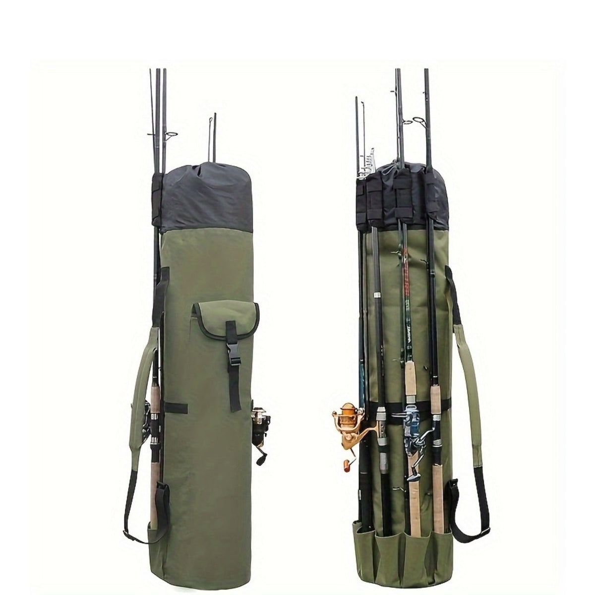 Large Capacity Folding Durable Fishing Rod Bag, Multifunctional Gear Carrier Case with Two Lead Weights, Fits Multiple Rods, Tackle Organizer for Freshwater and Saltwater Fishing