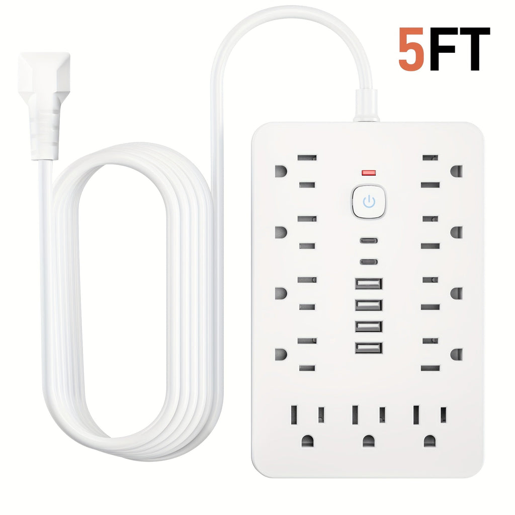 17-in-1 Power Strip Surge Protector with 11 AC Outlets, 4 USB Ports, and 2 USB-C Ports, Flat Plug Design, Space-Saving Extension Cord for Home, Office, Desk, and Kitchen, 5ft/10ft Cord