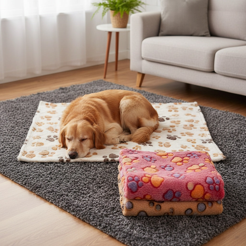 Fleece Pet Blanket 3-Pack for Dogs, Cats & Puppies – Super Soft, Fluffy, and Tear-Resistant Flannel Throw, Paw Print (Brown, Pink, White), Machine Washable, Includes Free Pet Drying Towel