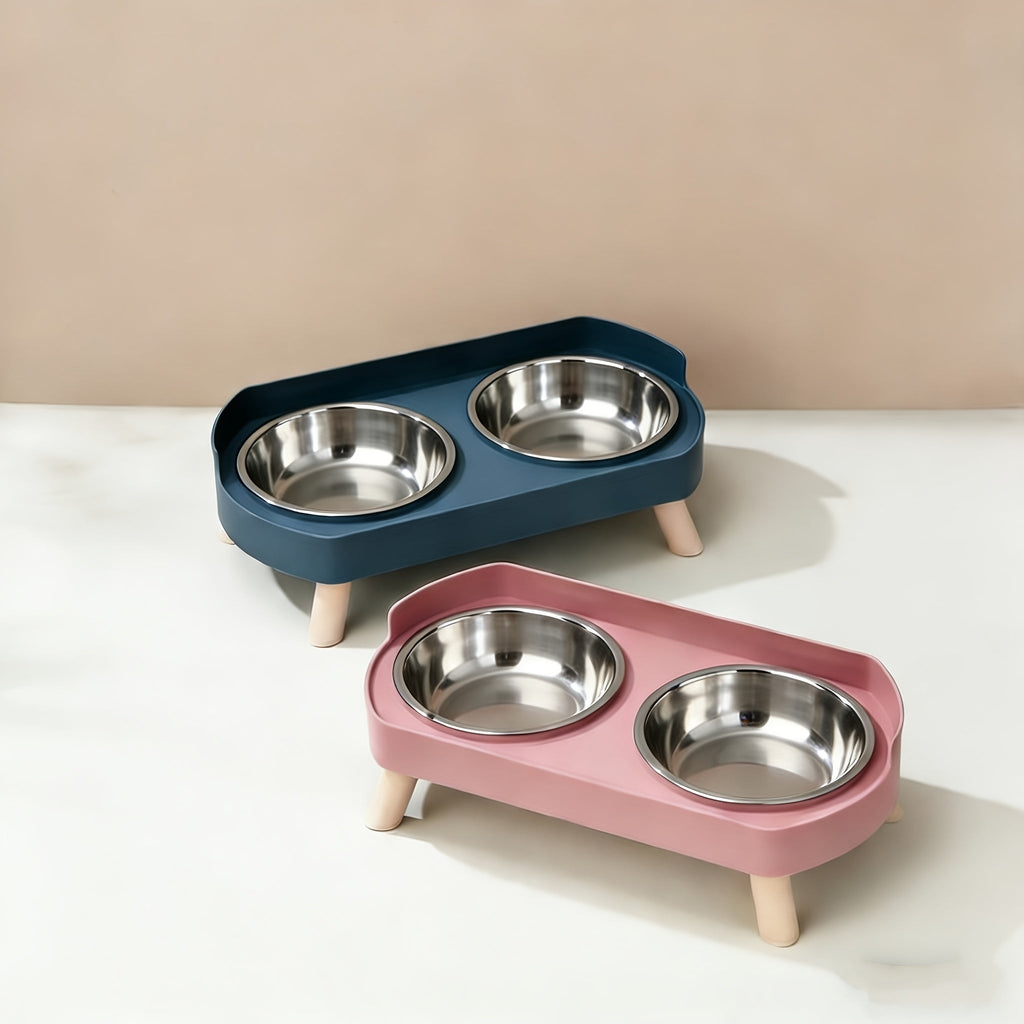 Elevated Stainless Steel Cat Bowls - Double Cat Food and Water Bowl Set, Anti-Vomit Neck Protection, Non-Slip Feeder Stand, Splash-Proof and Dishwasher Safe, Includes 2 Bowls & Pet Food Scoop for Indoor Cats