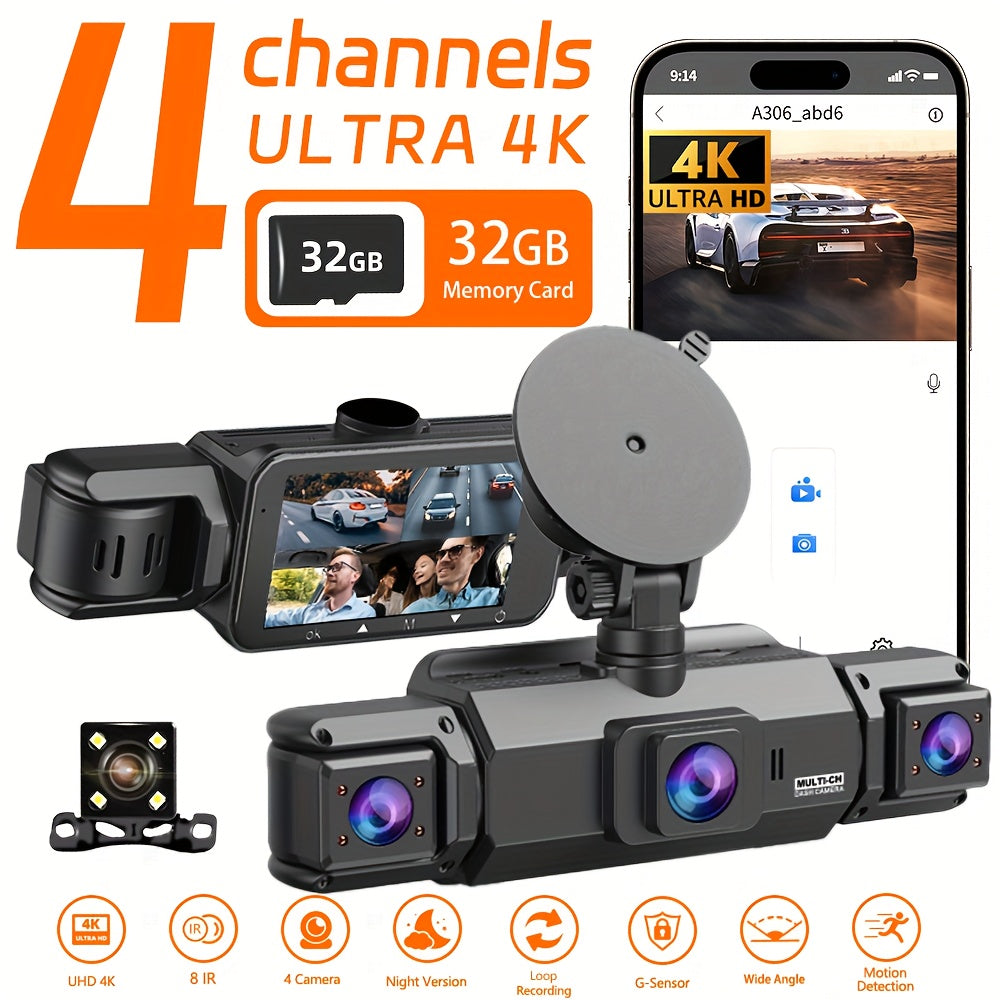 4K Dash Cam 360° Rotary 4-Channel Car DVR with Free 32GB SD Card, Night Vision, 24H Loop Recording, Parking Monitor, 4K Front and 1080P Rear, Left, and Right Cameras for All Vehicles