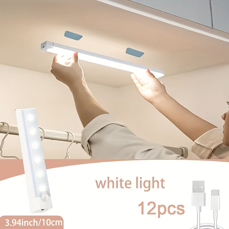 LED Motion Sensor Cabinet Lights USB Rechargeable 6 9 12pcs Wireless Night Light 3 Adjustable Modes for Bedroom, Staircase, Kitchen, Closet, Under Cabinet, Bedside Reading, Hallway, and Home Lighting