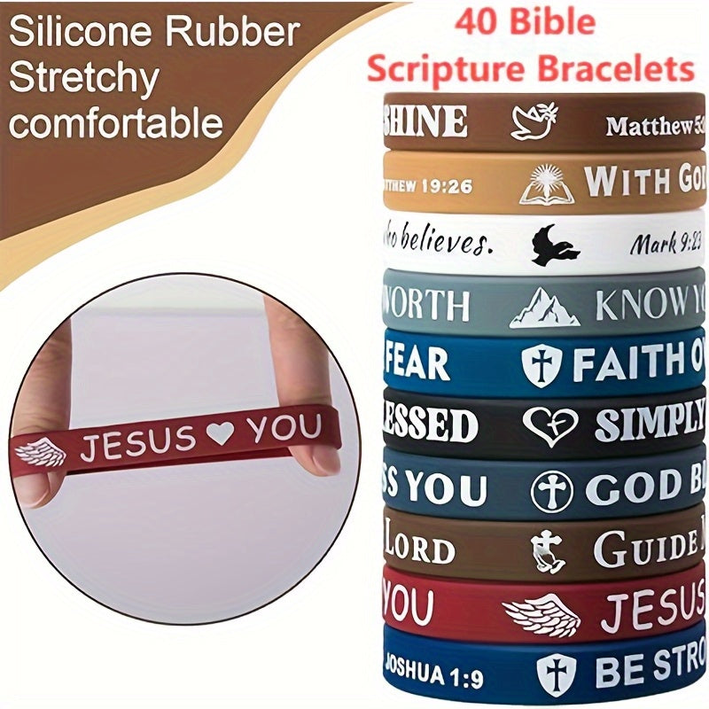 40-Pack Bible Verse Silicone Bracelets, Colorful Inspirational Christian Faith Wristbands, Unisex Lightweight Daily Wear Church Party Gift
