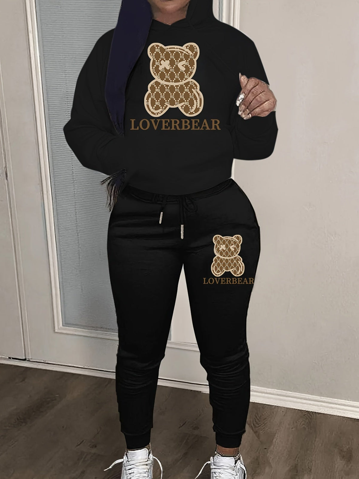 Cartoon Bear Print Two-piece Set Hoodie & Jogger Pants Women's Tracksuit Drawstring Long Sleeve Sweatsuit Outfit S-XXL Multiple Colors