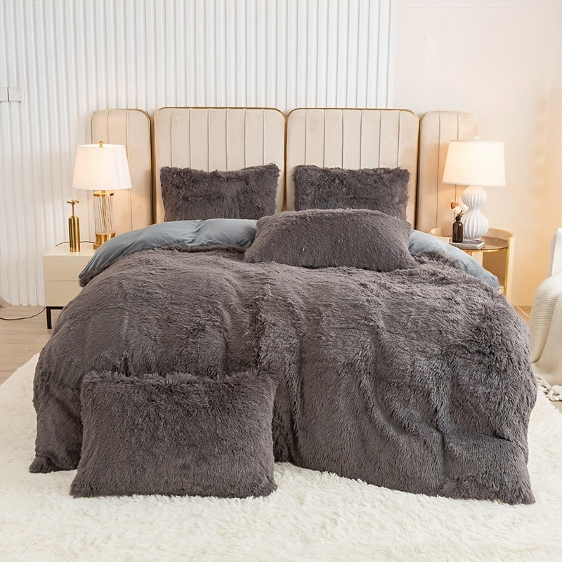 Plush Duvet Cover Set 3 Piece, Long Hair Knitted Polyester, Solid Color Fuzzy Comforter Cover with Zipper Closure, All-Season Soft Cozy Bedding Set for Bedroom, Multiple Colors Available