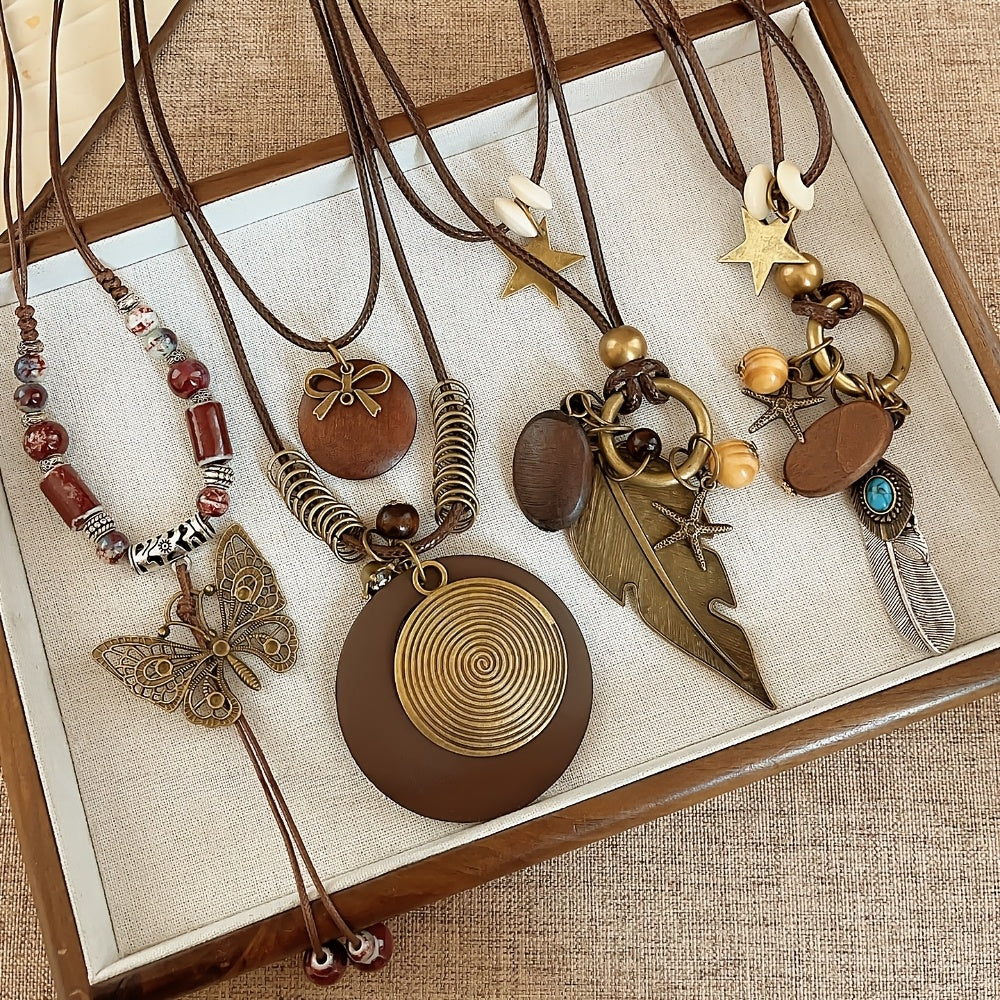5-Piece Bohemian Layered Necklace Set for Women – Retro Boho Sweater Chain Y-Shaped Necklace with Feather, Leaf, Butterfly, and Star Pendants, Fashionable Stackable Jewelry Gift for Daily Wear and Banquets