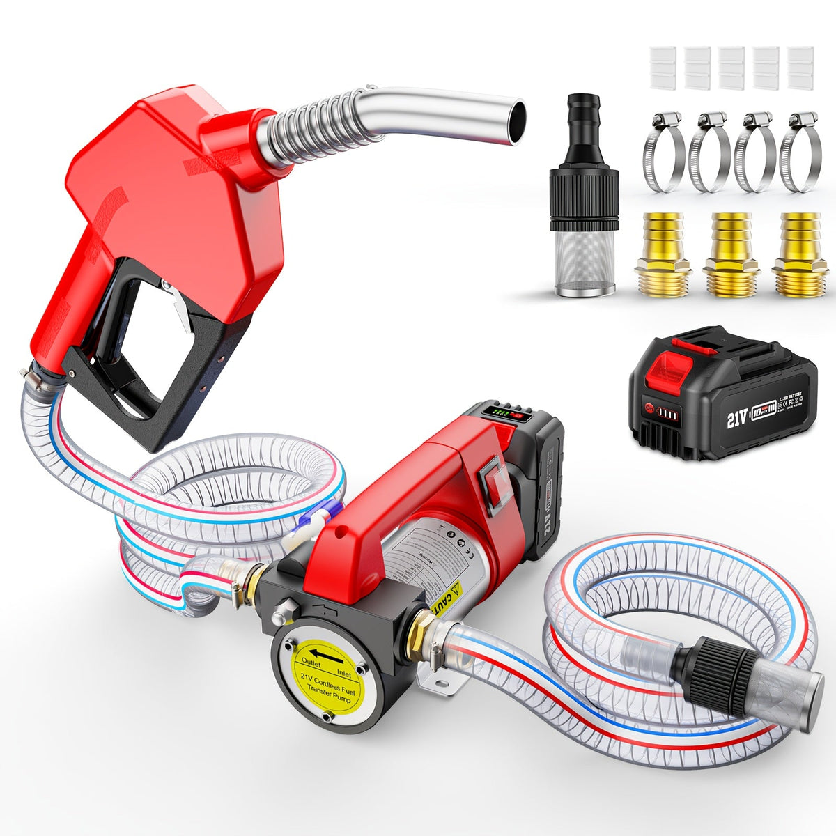 Battery-Operated Fuel Transfer Pump 21V DC 12GPM with 4.0Ah Battery, Auto Shut-Off, Self-Priming, Nozzle & Hose for Diesel & Kerosene – Portable Cordless Pump Kit for Farm, Truck & Generator