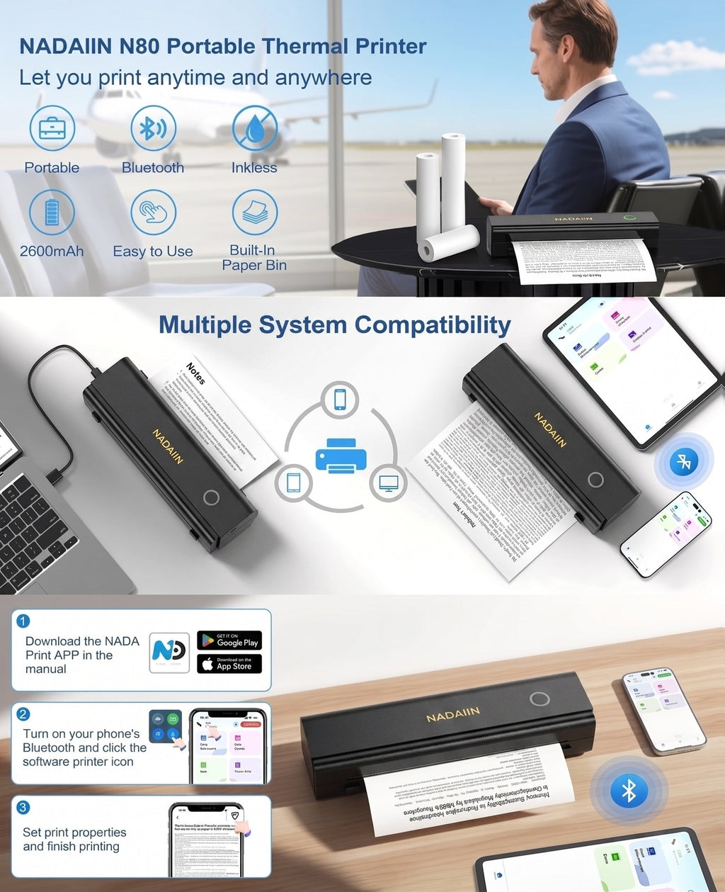 Portable Inkless Thermal Printer A4 with Paper Tray, Wireless Mobile Printer, Supports 8.5x11 Letter/A4 Paper, Compatible with iPhone, Android, Laptop, Home, Office, School, Travel