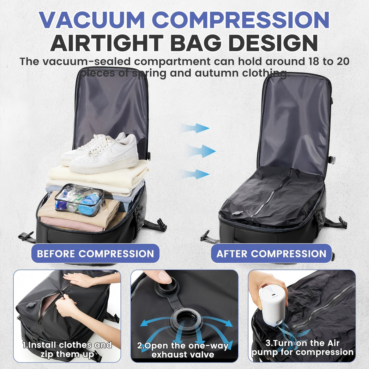 Vacuum Seal Travel Backpack with Air Pump – Expandable Large-Capacity Compression Space-Saver Laptop Carry-On Bag, Oxford Cloth for Men and Women, Hiking, Camping, and Travel