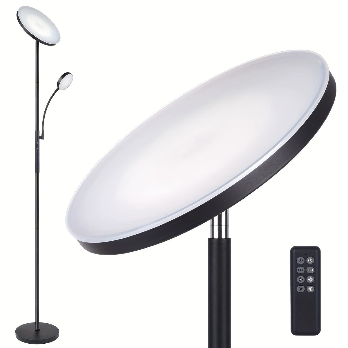 Dual-Function LED Floor Lamp 27W 2300LM Torchiere & 7W 350LM Reading Light 4 Color Temps Dimmable Remote & Touch Control for Home & Office – Black & White