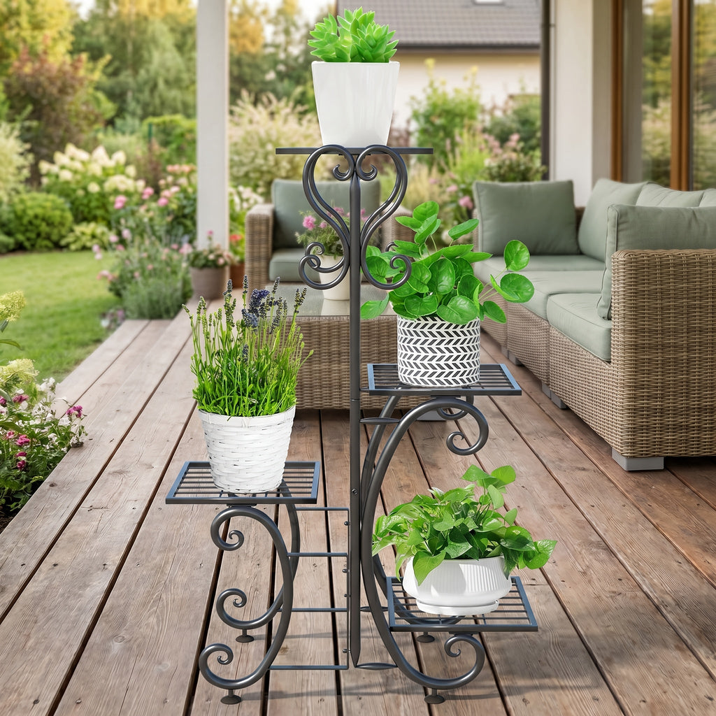 4-Tier Metal Plant Stand, Indoor/Outdoor Wrought Iron Corner Flower Pot Holder, Display Rack Organizer for Garden, Patio, Balcony, Lawn, Office, Black