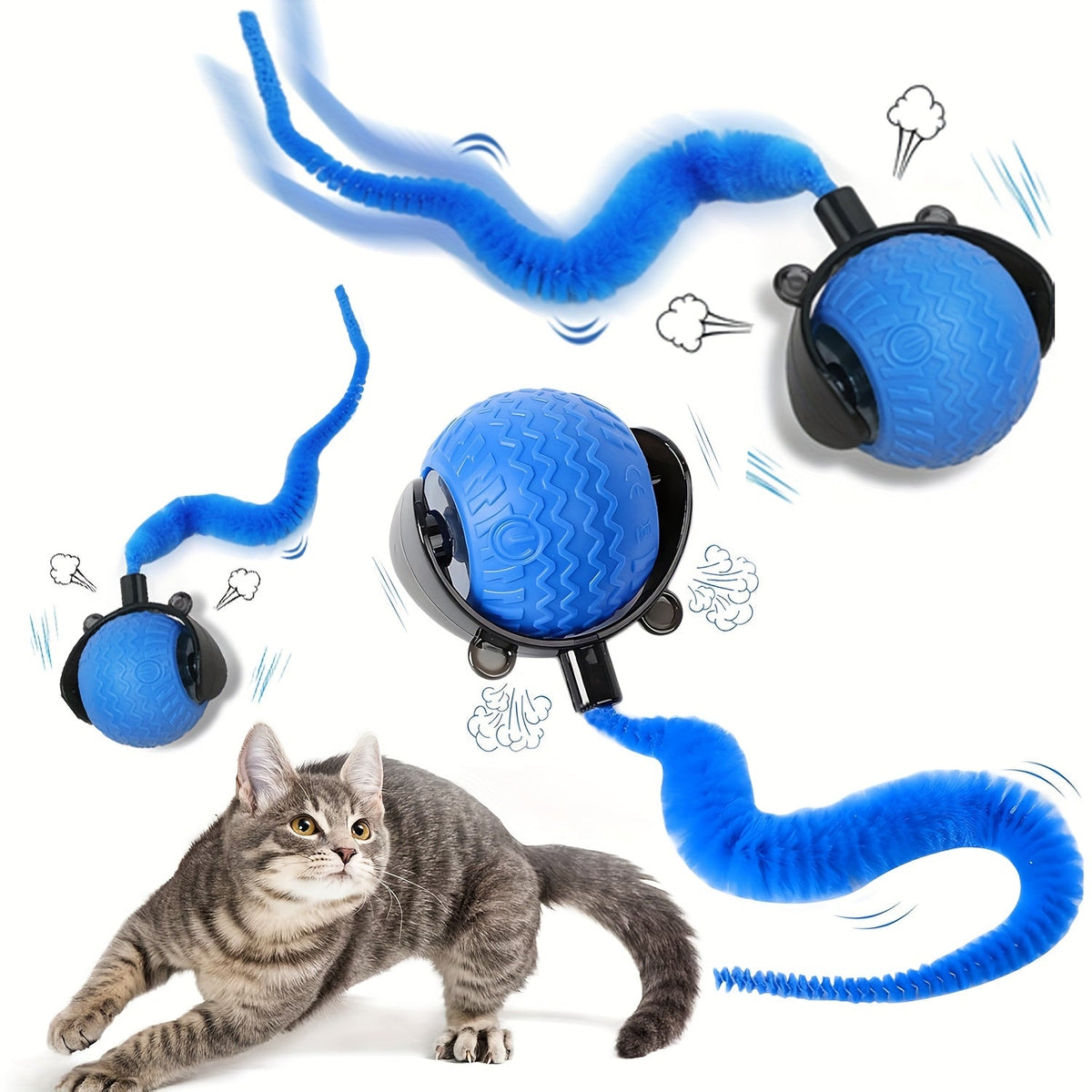 交互式电子滚球猫玩具——带尾巴的自动智能追逐球，适用于室内猫咪及幼猫，专为成年猫设计的解闷自走宠物玩具
