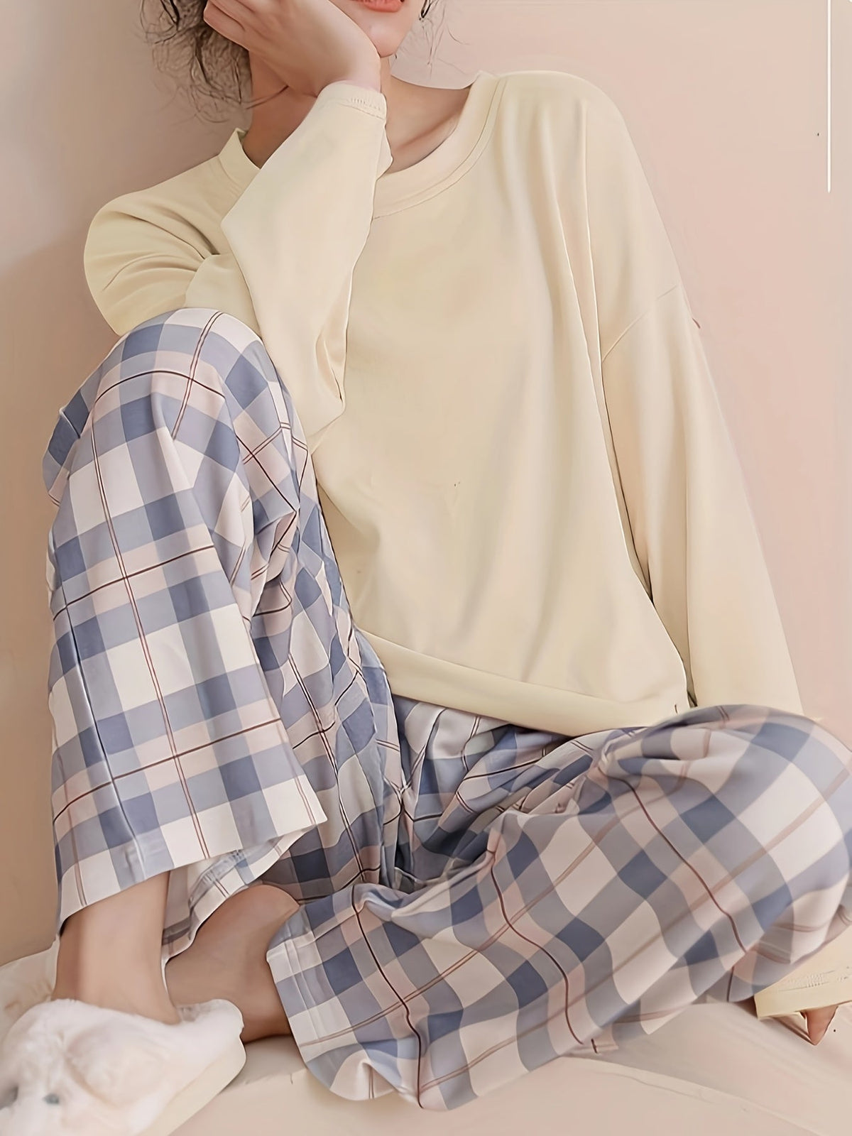 Women's Plaid Pajama Set - Long Sleeve Casual Home Wear - Spring & Autumn - S–XXL - Apricot, Pink Red, Light Steel Blue & Lavender