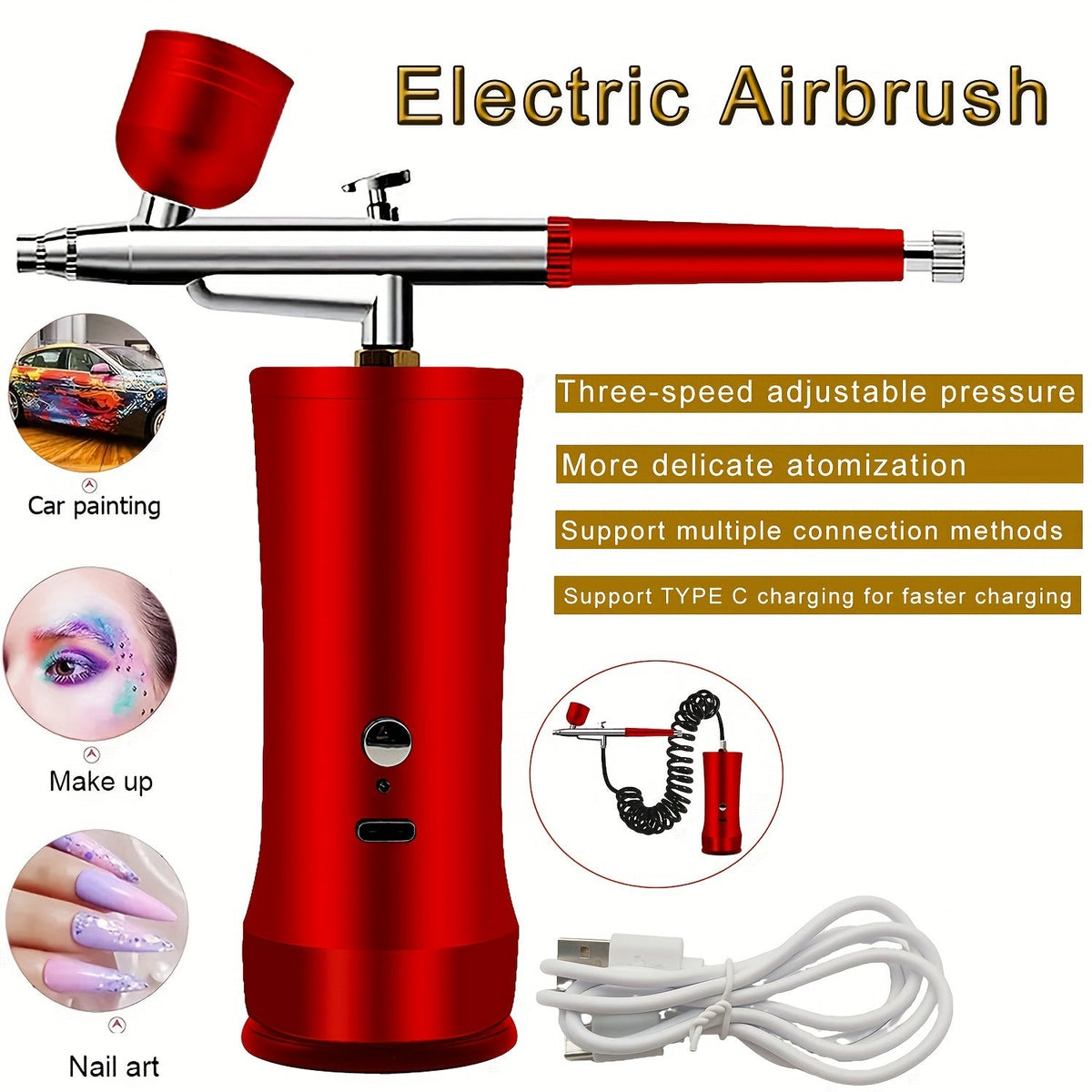 Cordless Airbrush Kit with Compressor, Rechargeable, 0.3mm Nozzle, 3-Speed Pressure – Portable Airbrush Set for Makeup, Nail Art, Cake Decorating, Model Painting & Body Art