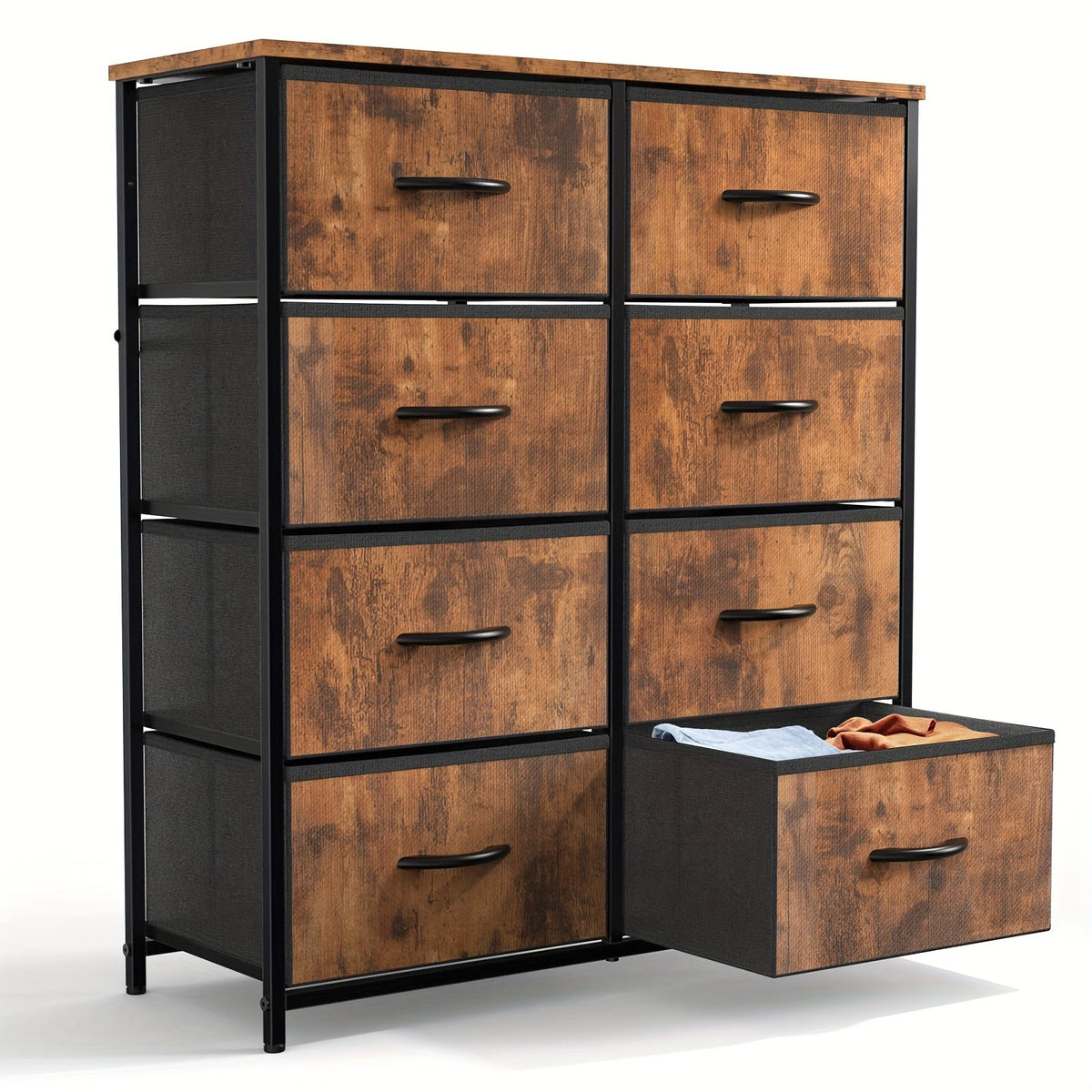8-Drawer Dresser & Chest of Drawers - Fabric Storage Tower with Wood Top & Thickened Frame for Bedroom, Living Room & Hallway - Rustic, Black & White