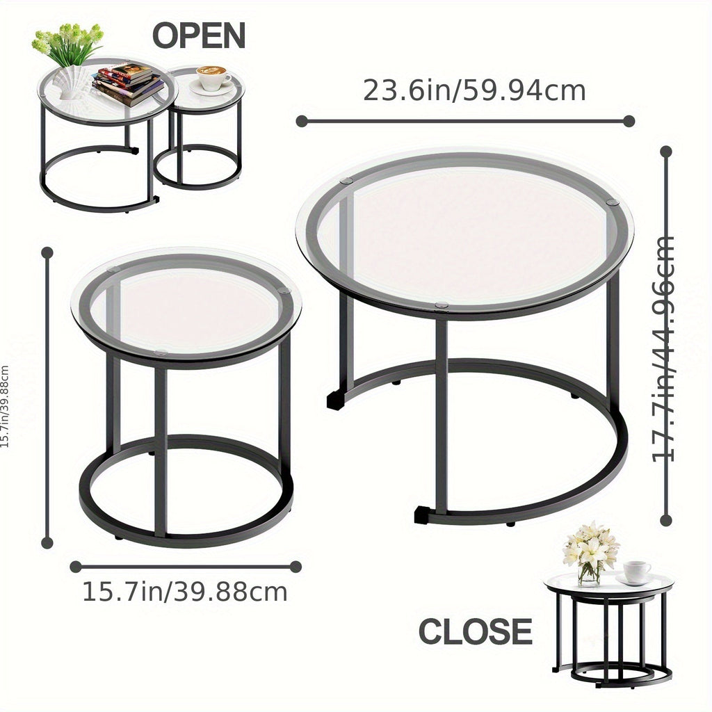 Nesting Glass Coffee Tables Set of 2 – Round Modern Industrial Metal Frame Side Tables for Living Room Bedroom in Clear Gray Striped & Tea Glass with Gold or Black Frame
