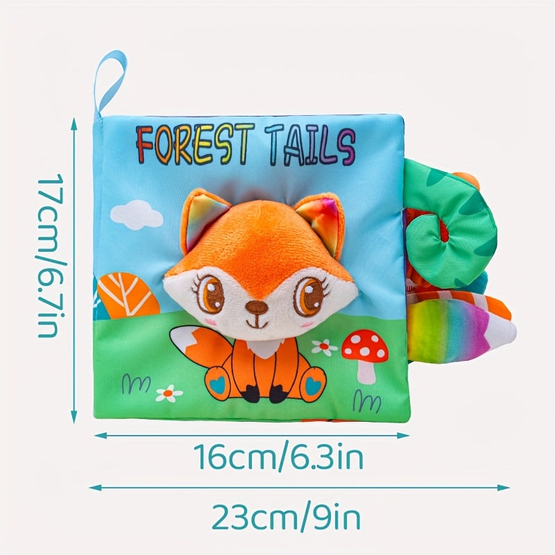 Baby Cloth Sensory Book with 3D Animal Tails, Interactive Soft Fabric Book for Infants & Toddlers 0-12 Months, Crinkle Teething Toy for Cognitive & Motor Skills Development, No Batteries Needed