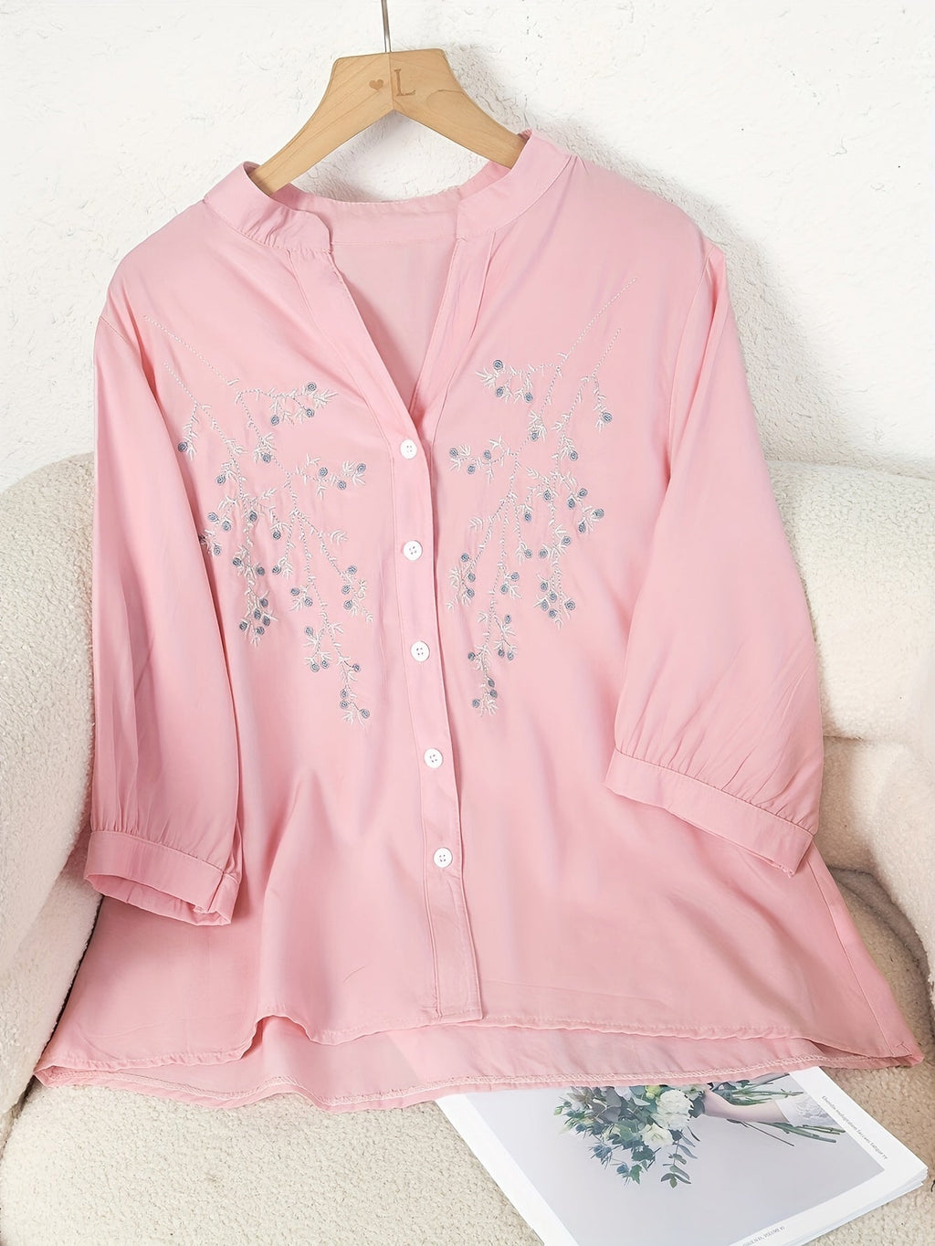 Women's Floral Embroidered Long-Sleeve Button-Down Blouse - Elegant White Stand-Collar Casual Shirt, Delicate Floral Print Summer Top S-XXL