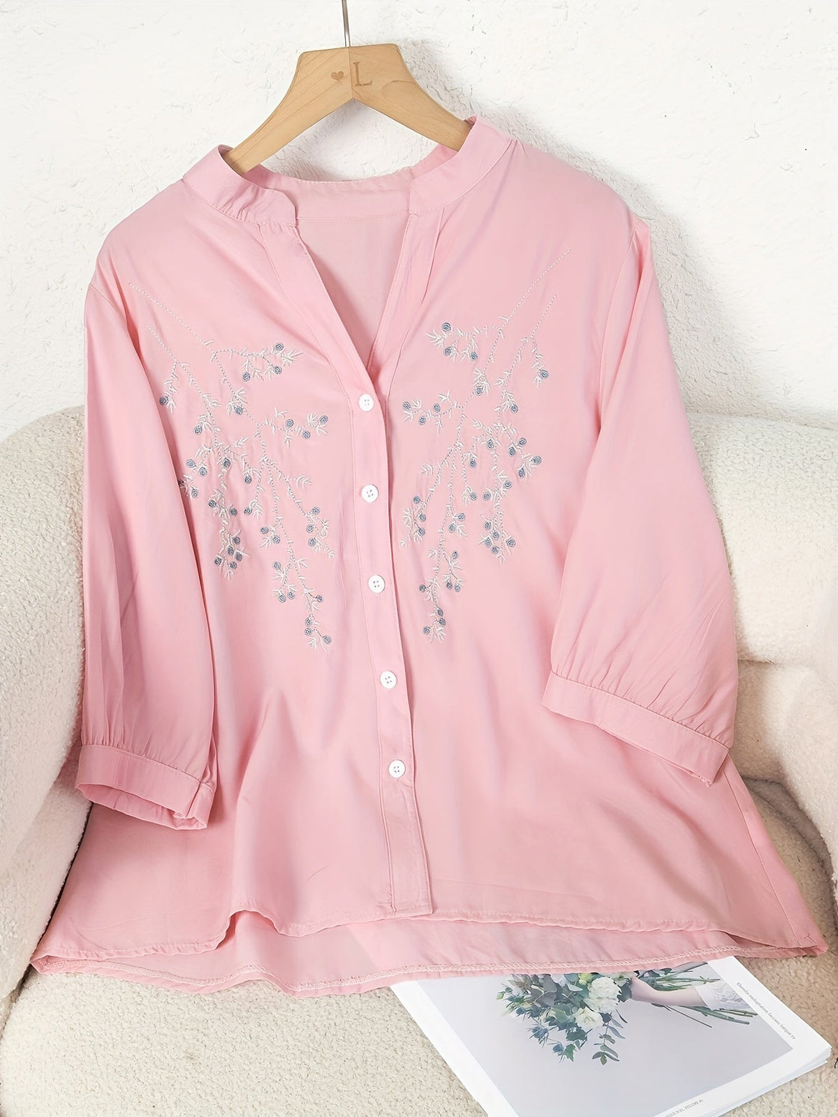 Women's Floral Embroidered Long-Sleeve Button-Down Blouse - Elegant White Stand-Collar Casual Shirt, Delicate Floral Print Summer Top S-XXL