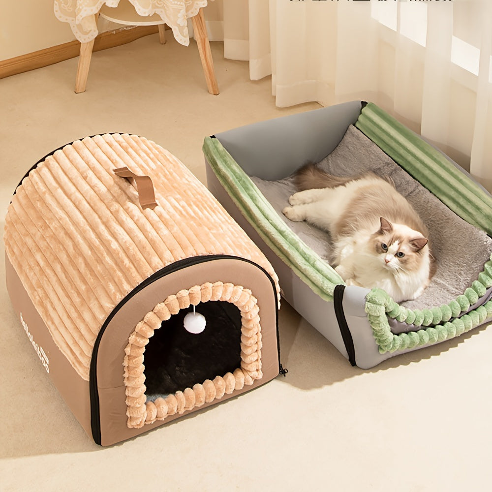 Foldable 2-in-1 All-Season Cave Dog Bed – Fully Enclosed Covered Pet House with Handle, Soft Fluffy Non-Slip Washable Nest for Large, Medium & Small Dogs and Cats – Free Drool Bib – Velora