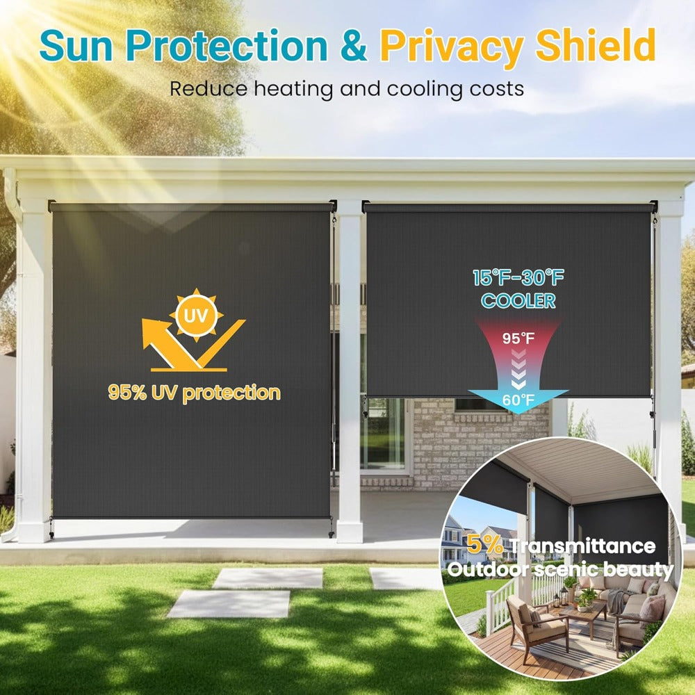 Outdoor Roller Shade 95% UV Protection 420GSM Cordless Aluminum Blinds with Crank Handle for Patio Pergola Deck & Backyard – Privacy & Thermal Insulated Sun Shade, Multiple Sizes & Colors