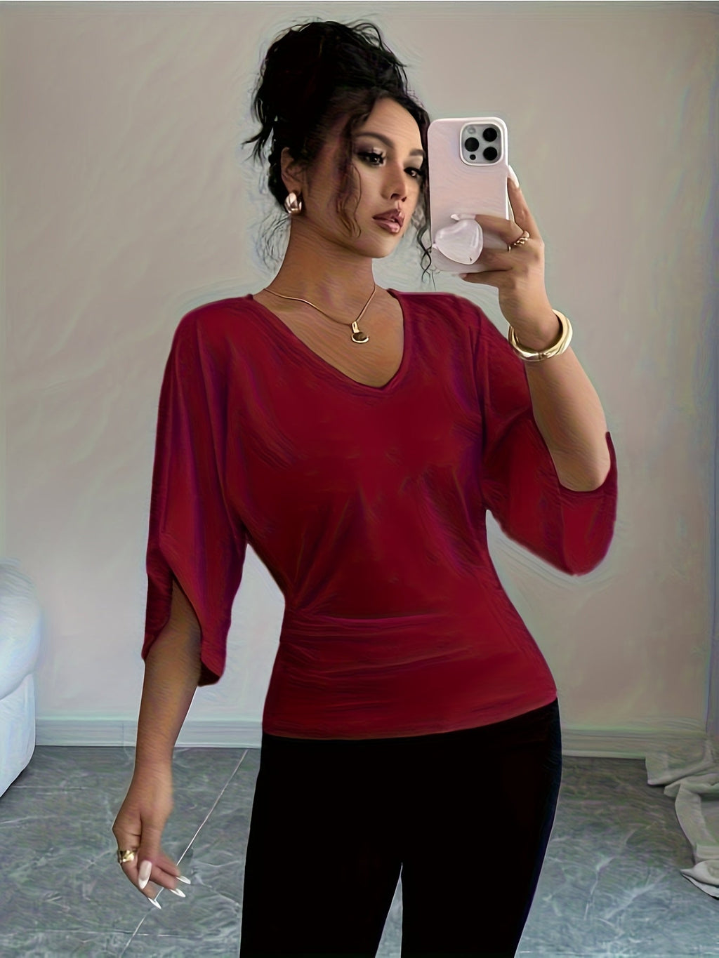 Women's V-Neck Batwing Sleeve Knit Top - Casual Loose Fit Three-Quarter Sleeve High-Waist T-Shirt Blouse for Spring, Summer, and Fall, Versatile Mid-Length Pullover Top, White/Black, Sizes XS-XL