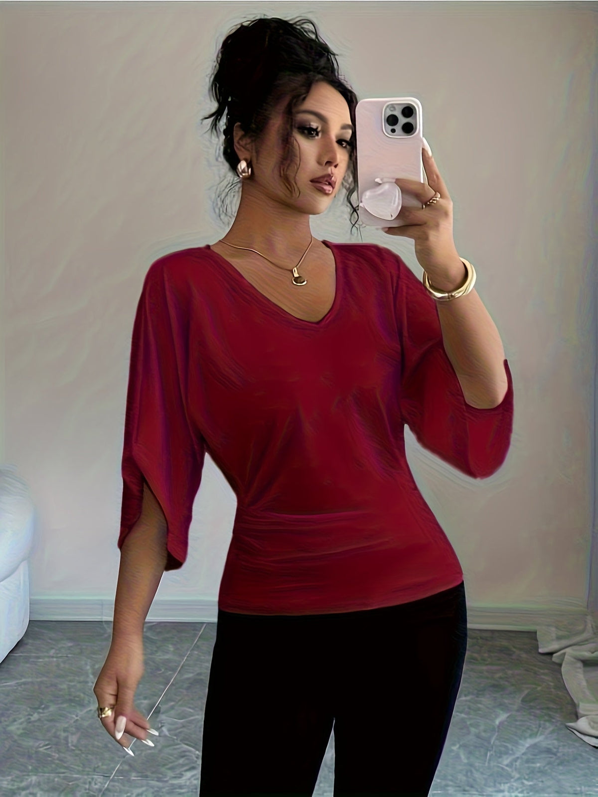 Women's V-Neck Batwing Sleeve Knit Top - Casual Loose Fit Three-Quarter Sleeve High-Waist T-Shirt Blouse for Spring, Summer, and Fall, Versatile Mid-Length Pullover Top, White/Black, Sizes XS-XL