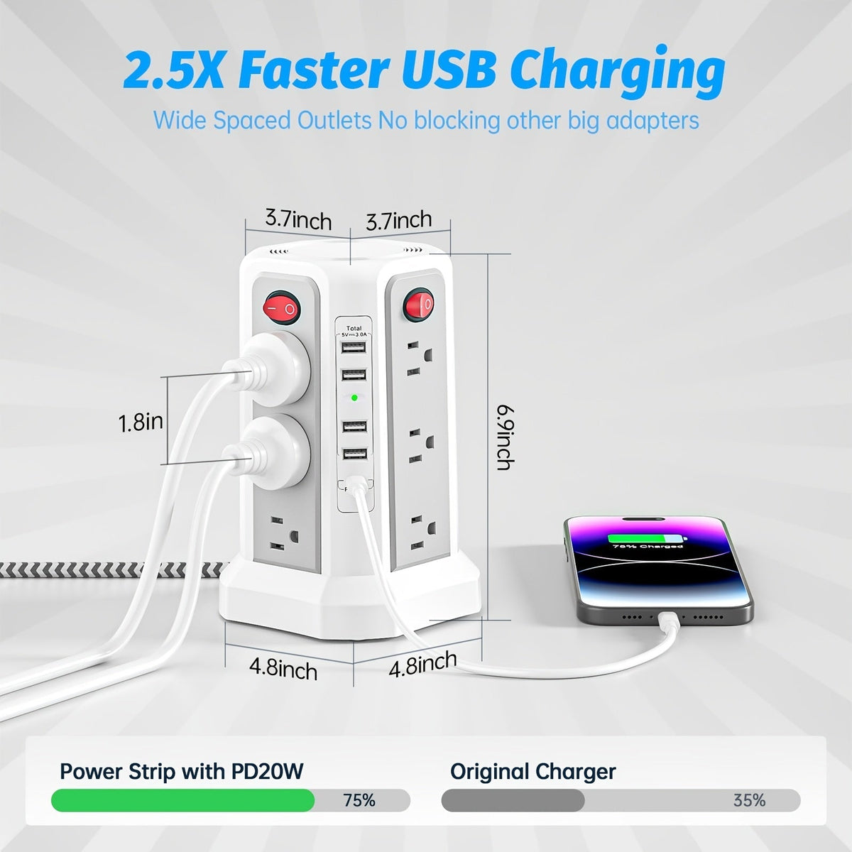 Tower Surge Protector Power Strip, 12 AC Outlets, 5 USB Ports with 18W PD USB-C Fast Charging, 10FT Extension Cord, 1800J Surge Protection, 4 Switches, for Home, Office, Desk, and Dorm Room – Space-Saving Vertical Design
