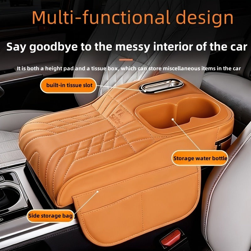 Car Center Console Tray Organizer with Raised Design, Tissue Box, Cup Holder, and Non-Slip Storage Mat (Black, Orange, Red, Brown, Beige)
