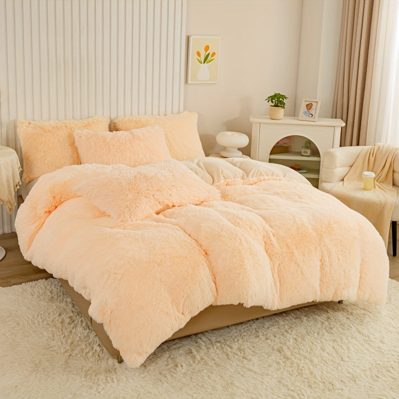 Plush Duvet Cover Set 3 Piece, Long Hair Knitted Polyester, Solid Color Fuzzy Comforter Cover with Zipper Closure, All-Season Soft Cozy Bedding Set for Bedroom, Multiple Colors Available
