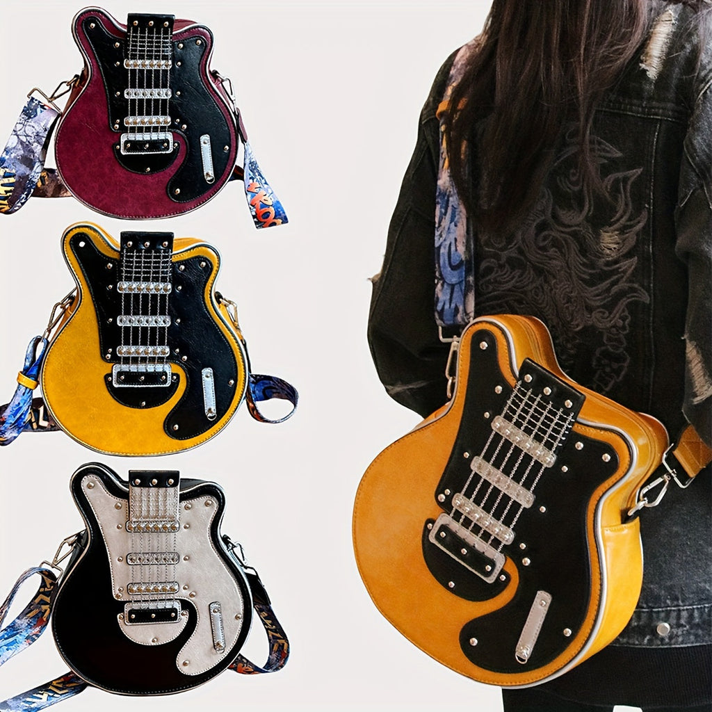 Y2K Retro Guitar Shaped Bag - Crossbody & Shoulder Bag with Chain Rivet Decoration, Color Contrast, Wide Strap, Street Style for Women & Unisex - Yellow, Red, Blue & Black