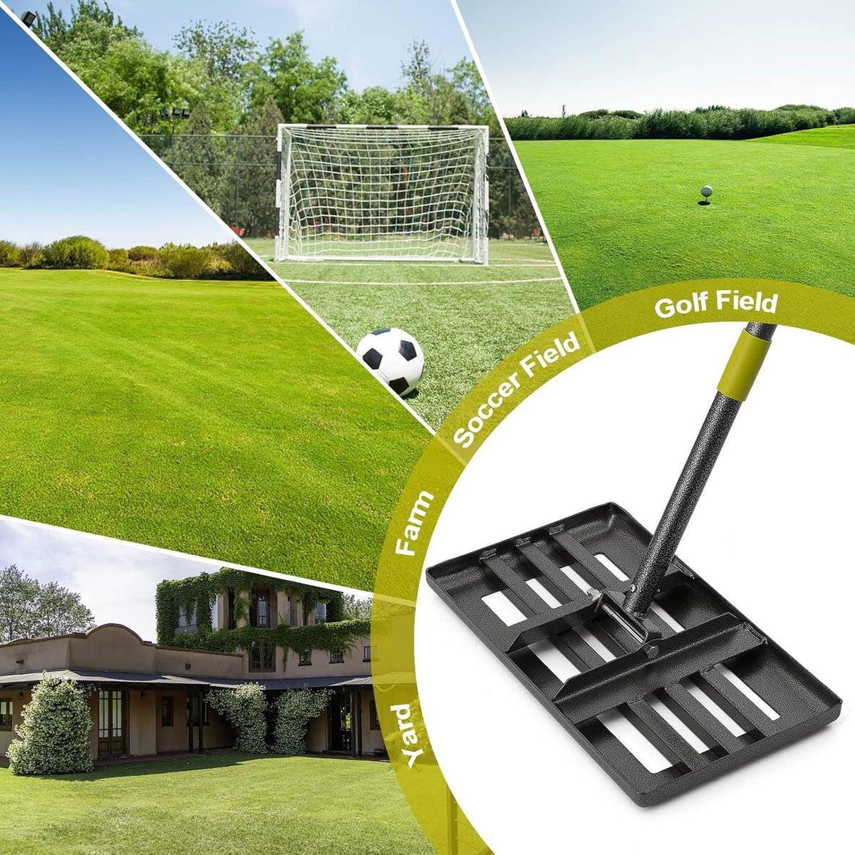 Lawn Leveling Rake - 17x10" Heavy Duty Metal Lawn Leveler, Foldable Head, Adjustable Ergonomic Handle for Yard, Garden & Golf Course - 5FT & 6FT - Yellow