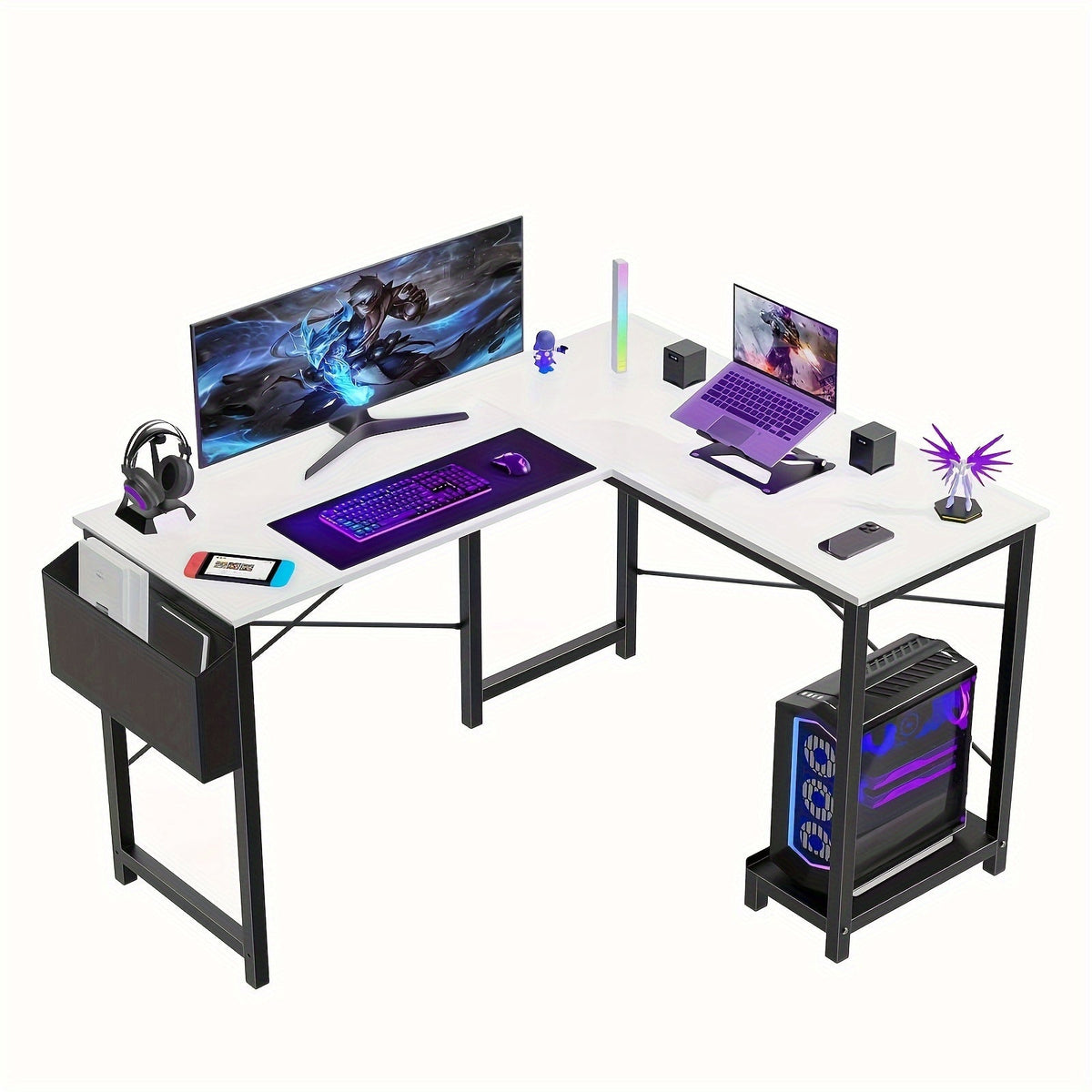 L-Shaped Computer Desk with Storage Bag & Shelves – Reversible Corner Office Table, PC Laptop Workstation for Home Office, Study Room, Space-Saving Writing Desk