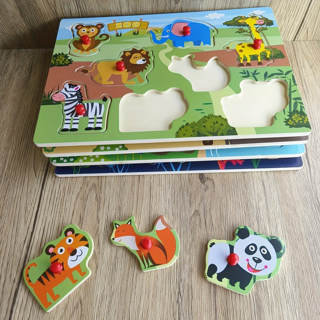 4-Piece Wooden Peg Puzzle Set for Toddlers, 32 Pieces, Knob Puzzles with Farm and Zoo Animal Themes, Montessori Learning Toy for Ages 1, 2, 3, Birthday, Christmas, Easter Gift for Boys and Girls