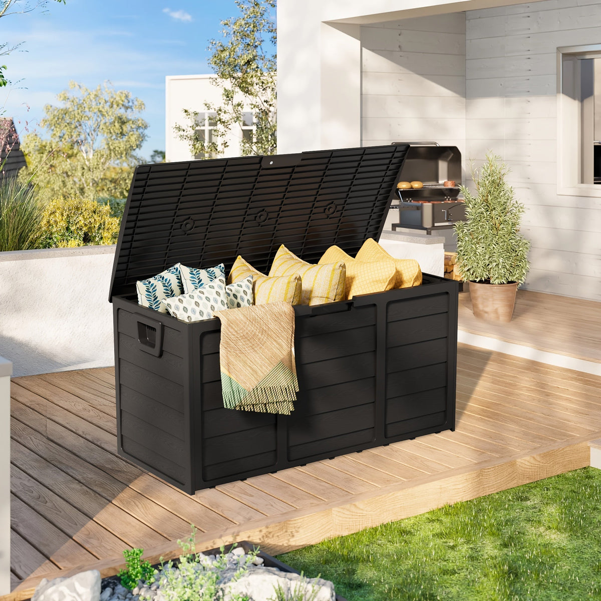 75-Gallon Resin Outdoor Storage Deck Box with Handles for Pool Accessories, Garden Tools, and Camping Gear