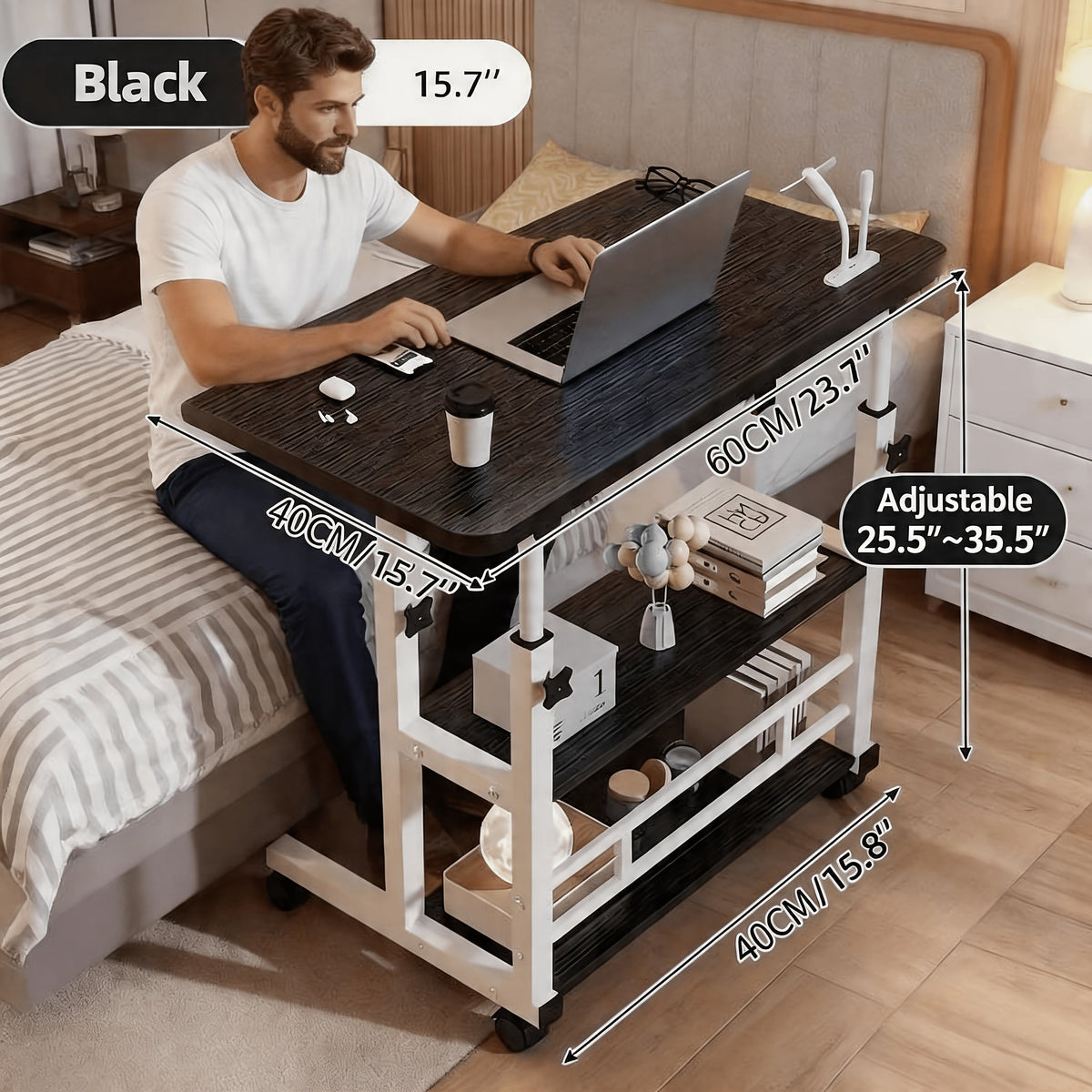 Rolling Bedside Desk, Height Adjustable 23-35 Inches, with Storage Shelf and Omnidirectional Wheels, for Home, Bedroom, Office Laptop Table