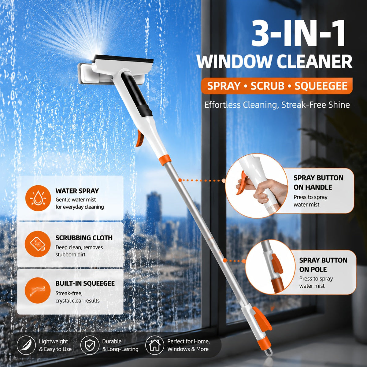 3-in-1 Glass Cleaning Kit with Durable Metal Pole, Squeegee, and Scraper for High Windows, Shower Doors, and Car Windshields – Streak-Free Home Cleaning Tool