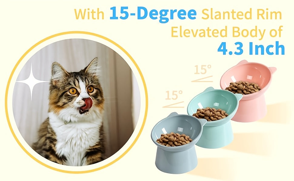 Raised Cat Bowls Set of 3, Cat-Ear Shaped Elevated Feeder, Anti-Slip Base, Neck Comfort Design, Tri-Color Pet Feeding Dish (Pink, Green, Blue) for Multi-Cat Households