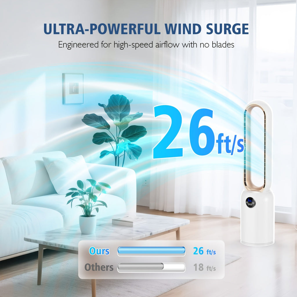 36-Inch Bladeless Tower Fan with Remote & Touch LED Display – 90° Oscillating, 24 Speeds, 12H Timer, 26ft/s Airflow, Quiet Floor Fan for Bedroom, Living Room & Office, Light Grey White Gold Silver – Nova Mart