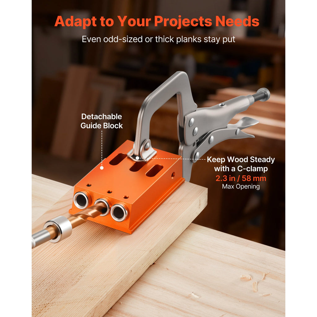 VEVOR Pocket Hole Jig Kit - 1/2" to 1-1/2" Adjustable Depth, CNC Aluminum Body, 2-in-1 with C-Clamp, Titanium-Coated Step Drill, Drill Stop Ring & Toolbox - Woodworking for Beginners & Pros