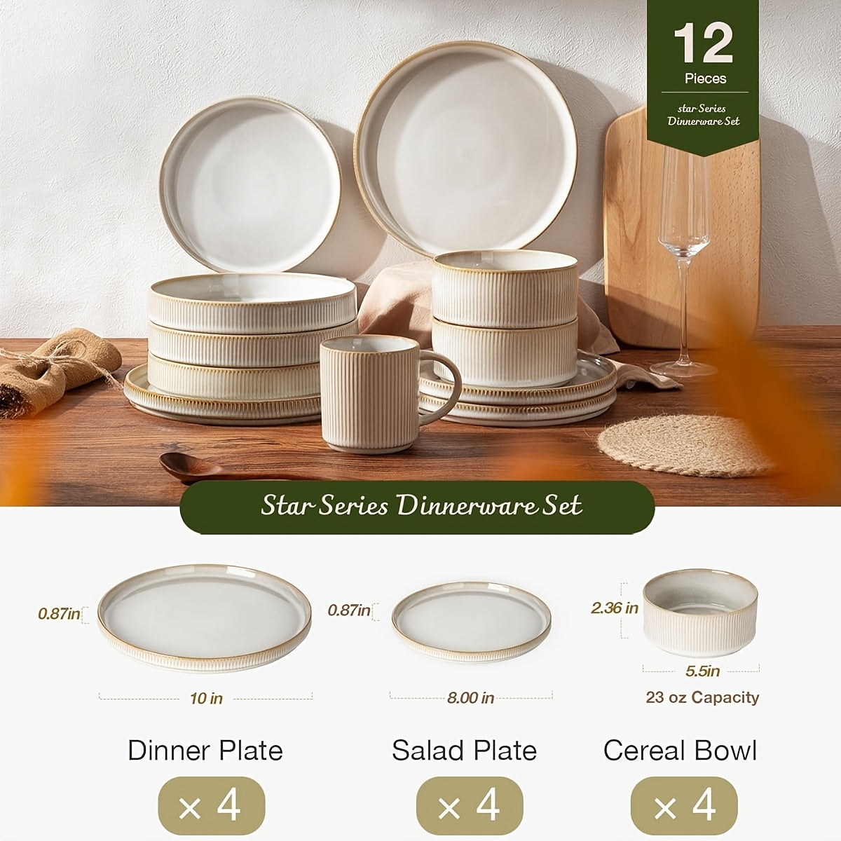 12-Piece Stoneware Dinnerware Set for 4 – Reactive Glaze Raised Stripe 10" Dinner Plates 8" Salad Plates & 5.5" Cereal Bowls Microwave & Dishwasher Safe in Cappuccino & Vanilla White
