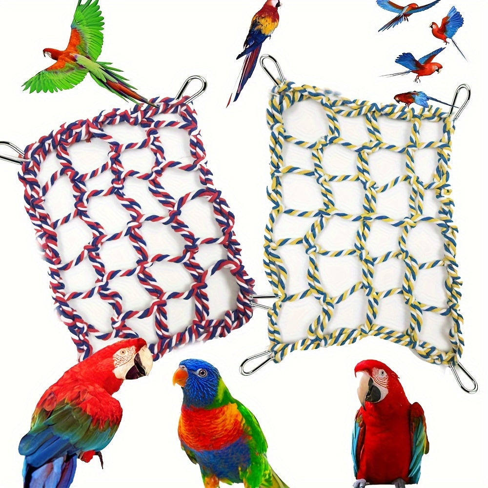 Parrot Climbing Net for Bird Cage - Colorful Cotton Rope Ladder Hammock Toy for Parrots, Cockatiels, Conures, Budgies, Small Birds & Hamsters - Chew Swing Hanging Activity Play Perch Accessory