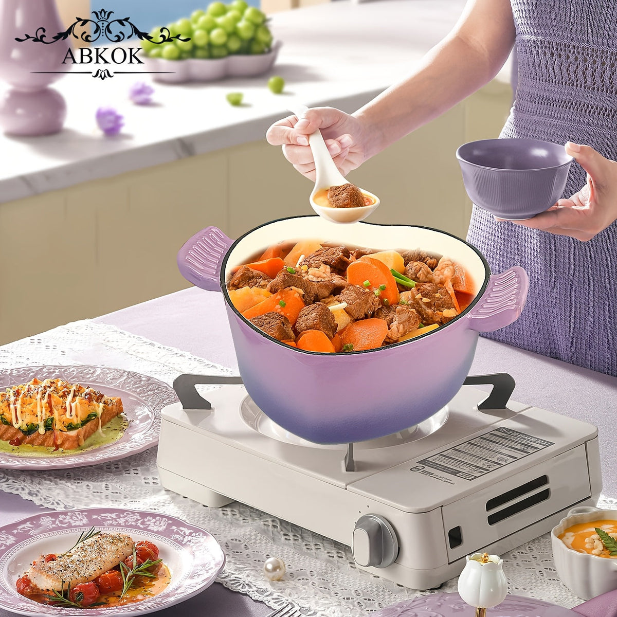 3 Qt Heart-Shaped Enameled Cast Iron Dutch Oven – Casserole with Dual Handles & Lid Compatible with All Stove Tops Oven & Induction in Purple