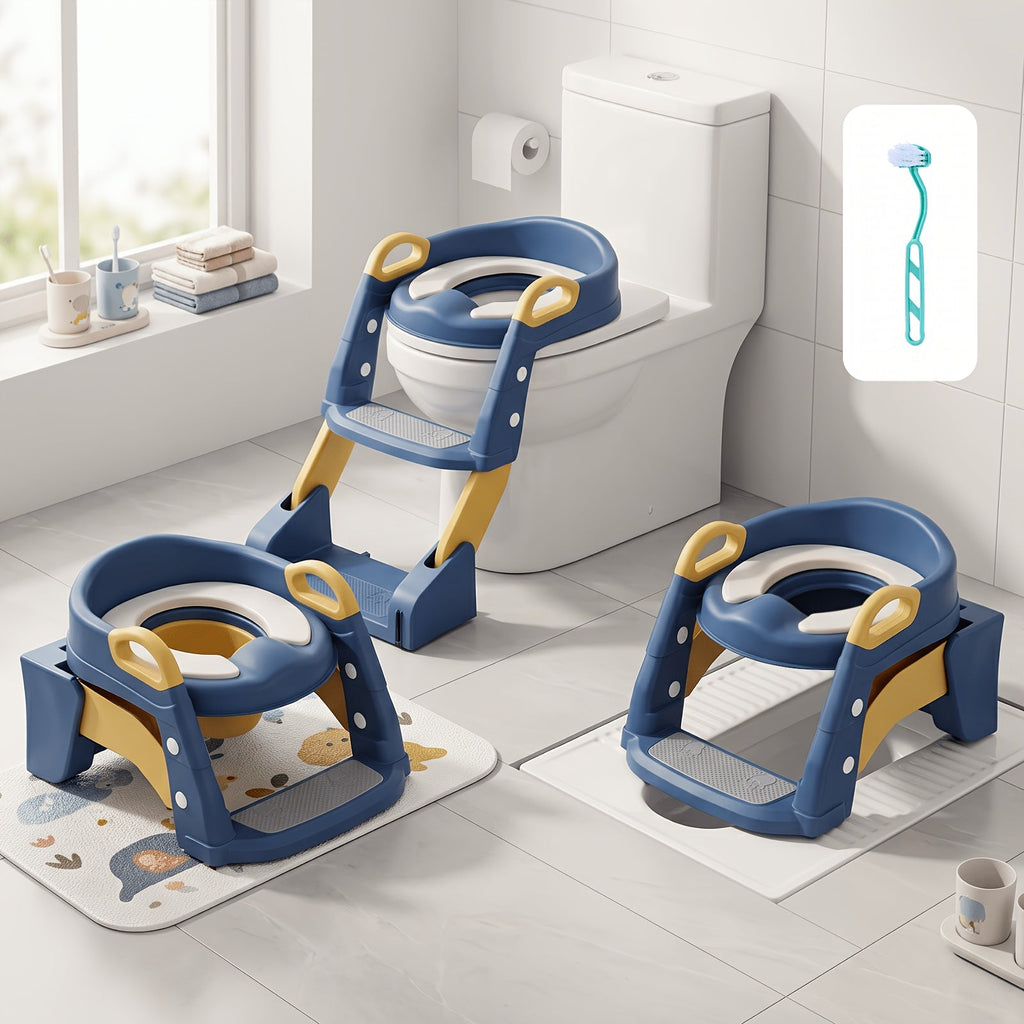 2-in-1 Toddler Toilet Potty Training Seat with Step Stool Ladder, Anti-Slip Adjustable Height Foldable Potty Chair for Kids, Cleaning Brush Included, Pink & Blue